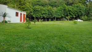 A grassy field with a white building with red doors and windows. - Cottage House with A/C – Big Garden - FREE Wood (Praia da Vitória)