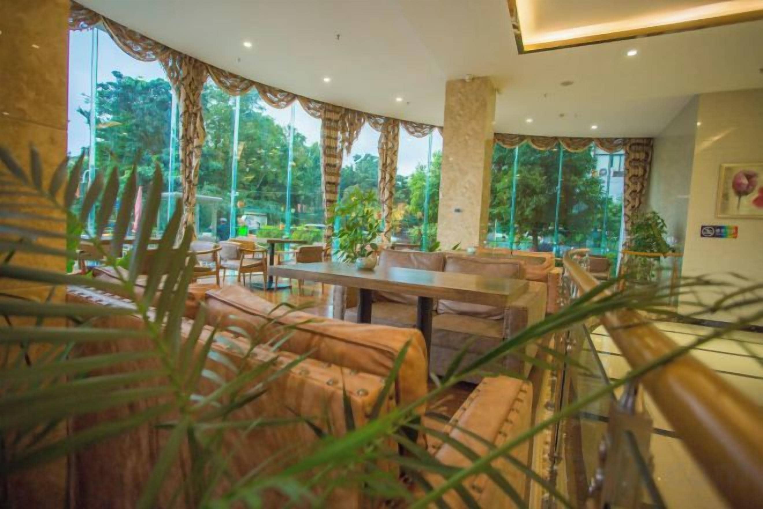 A hotel lobby with a seating area, large windows, and indoor plants.
