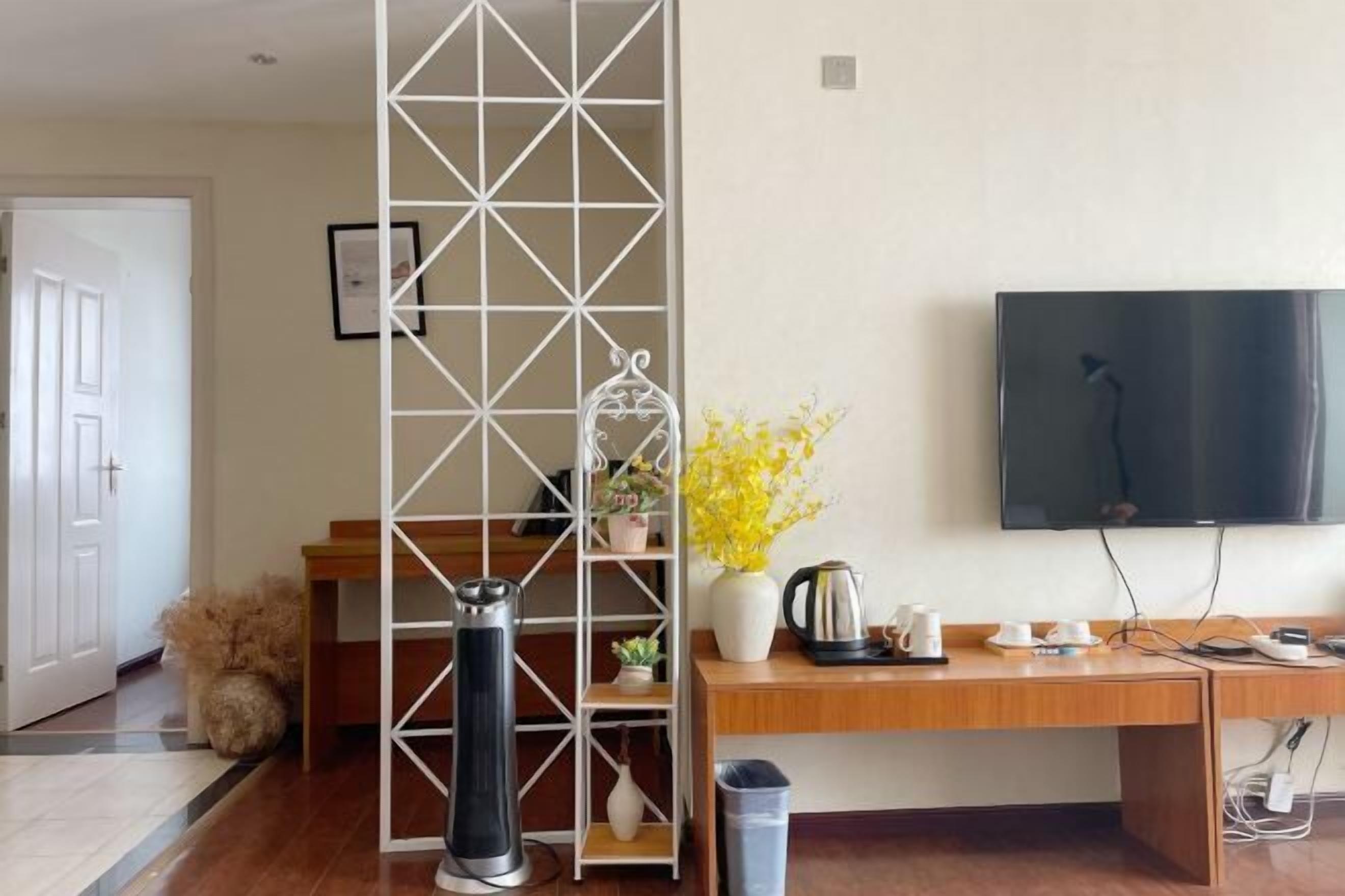 A modern living room with a TV, a coffee table, a decorative plant, and a white partition.