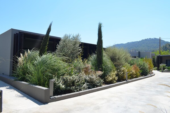 A modern building with a landscaped garden area featuring various shrubs and tall grasses.