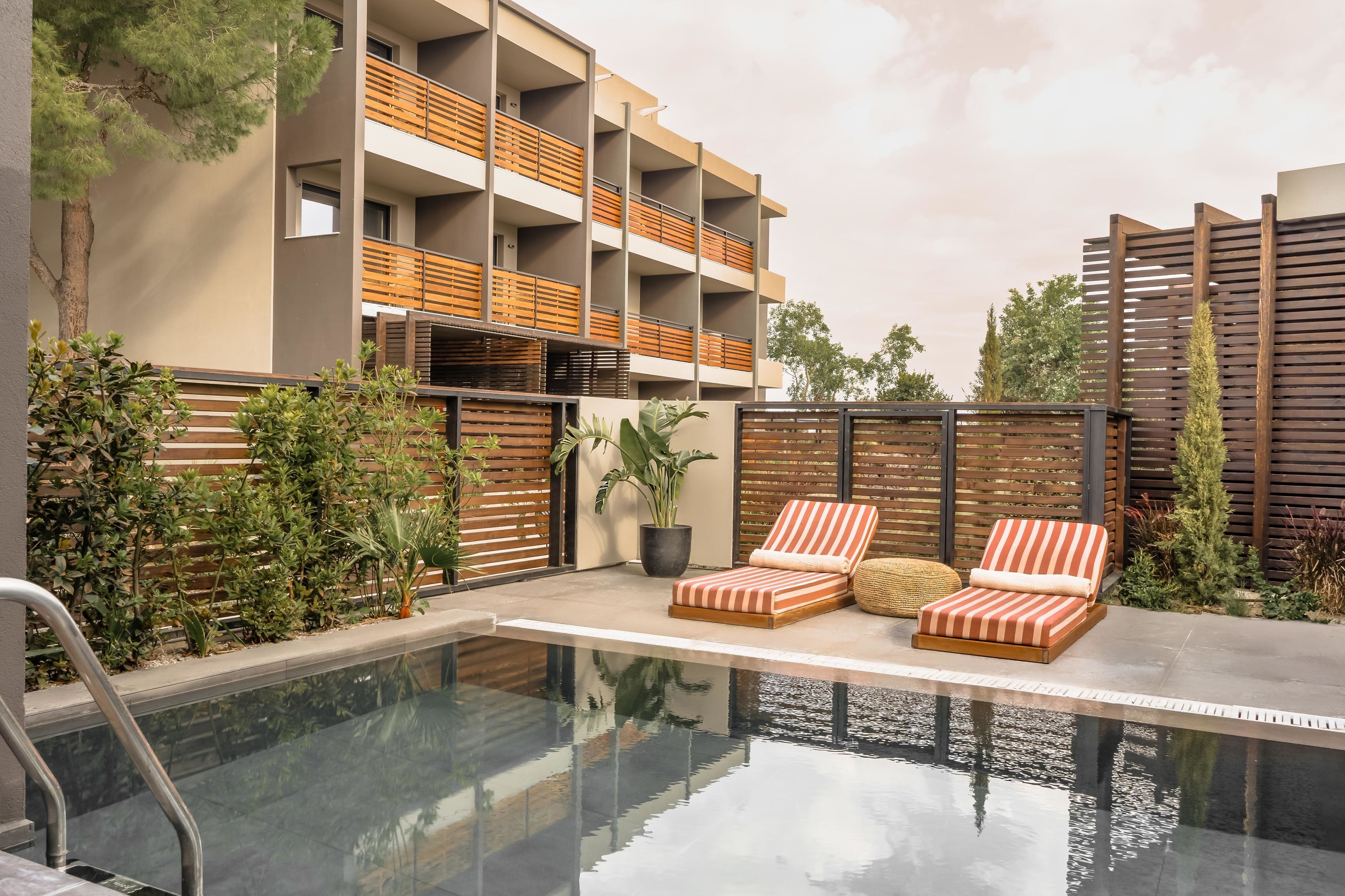 A modern outdoor pool area with lounge chairs and a potted plant.