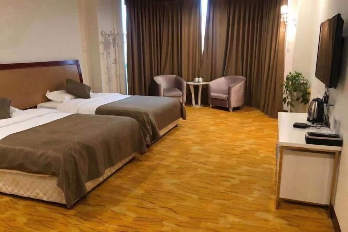 A hotel room with two beds, a small table with chairs, a TV, and a desk with a plant.