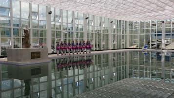Una amplia piscina interior con paredes de vidrio transparente y techo de azulejos.
