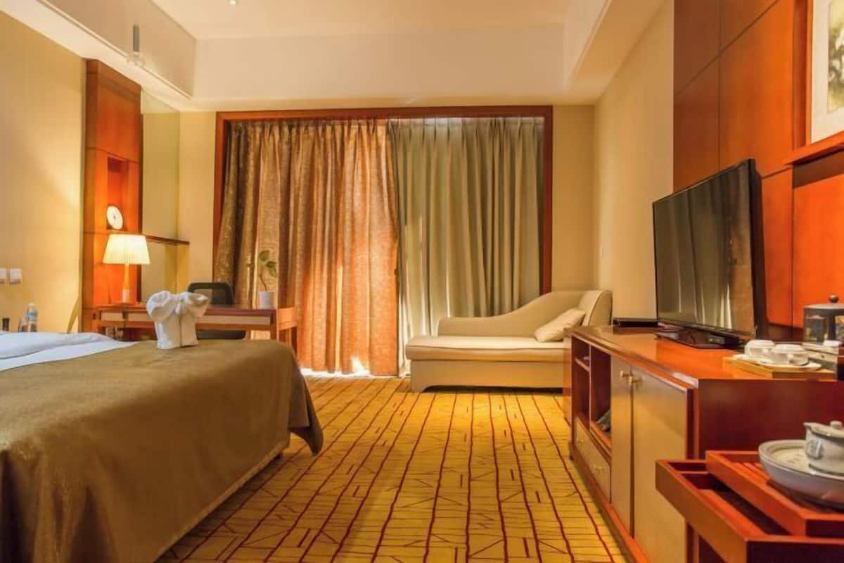 A hotel room with a bed, a sofa, a TV, a desk, and a dining area.