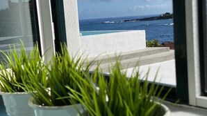 Vista des d'una finestra amb una planta en test, amb vistes a una zona costanera i un cel serè.