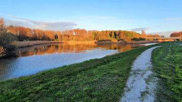 A serene riverside landscape with a grassy path and trees reflecting in the water.
