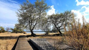 A wooden boardwalk leading to a lake with trees and a distant bridge. - Brand new apartment, next to Amsterdam and Floriade 2022, free parkingspace. (Almere)