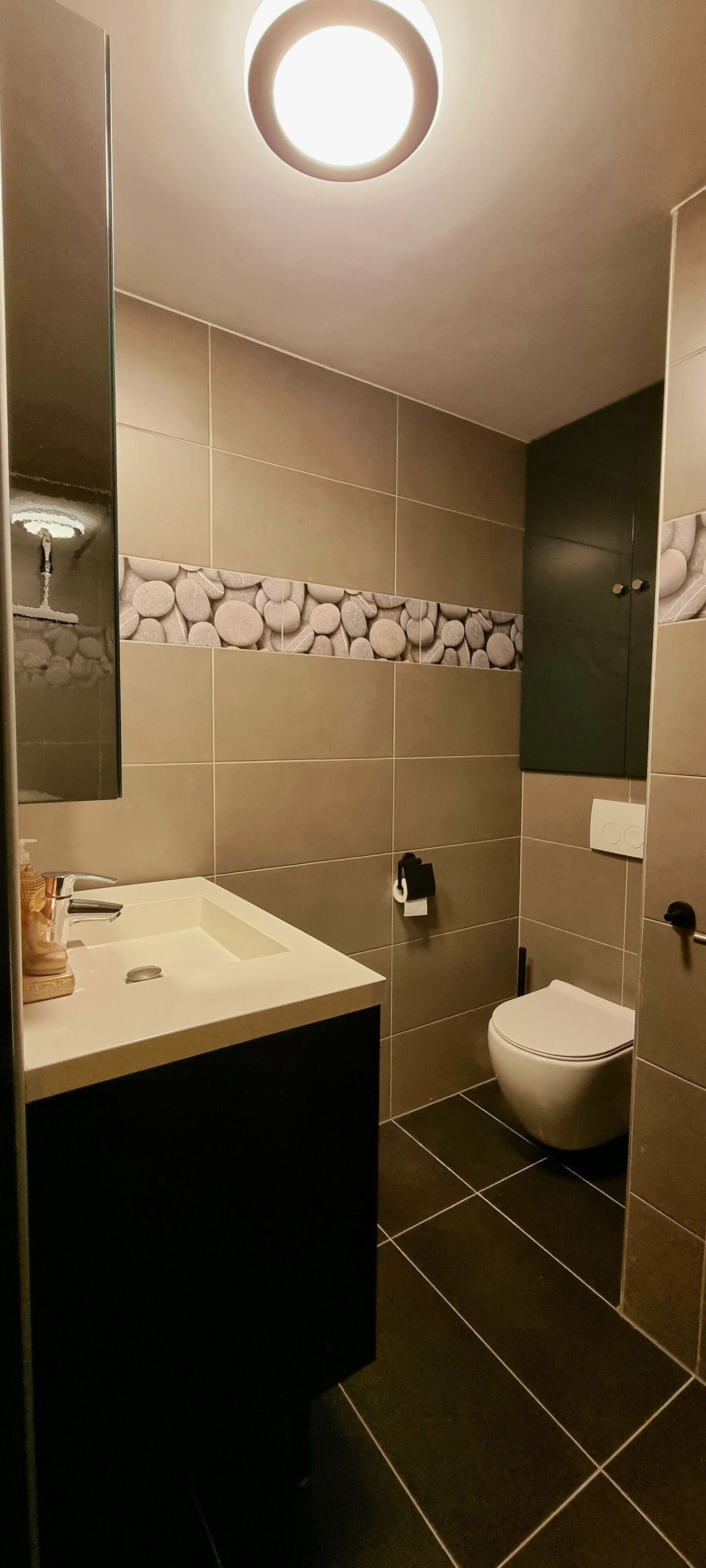 Un bagno moderno con uno specchio grande, un lavandino, un water e un armadietto scuro.