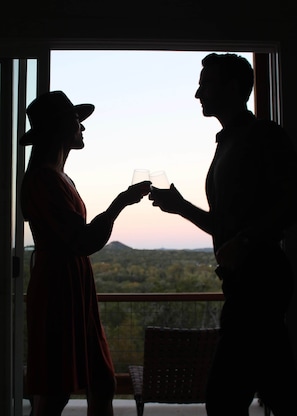 Two people toasting with wine glasses in a room with a large window overlooking a landscape.