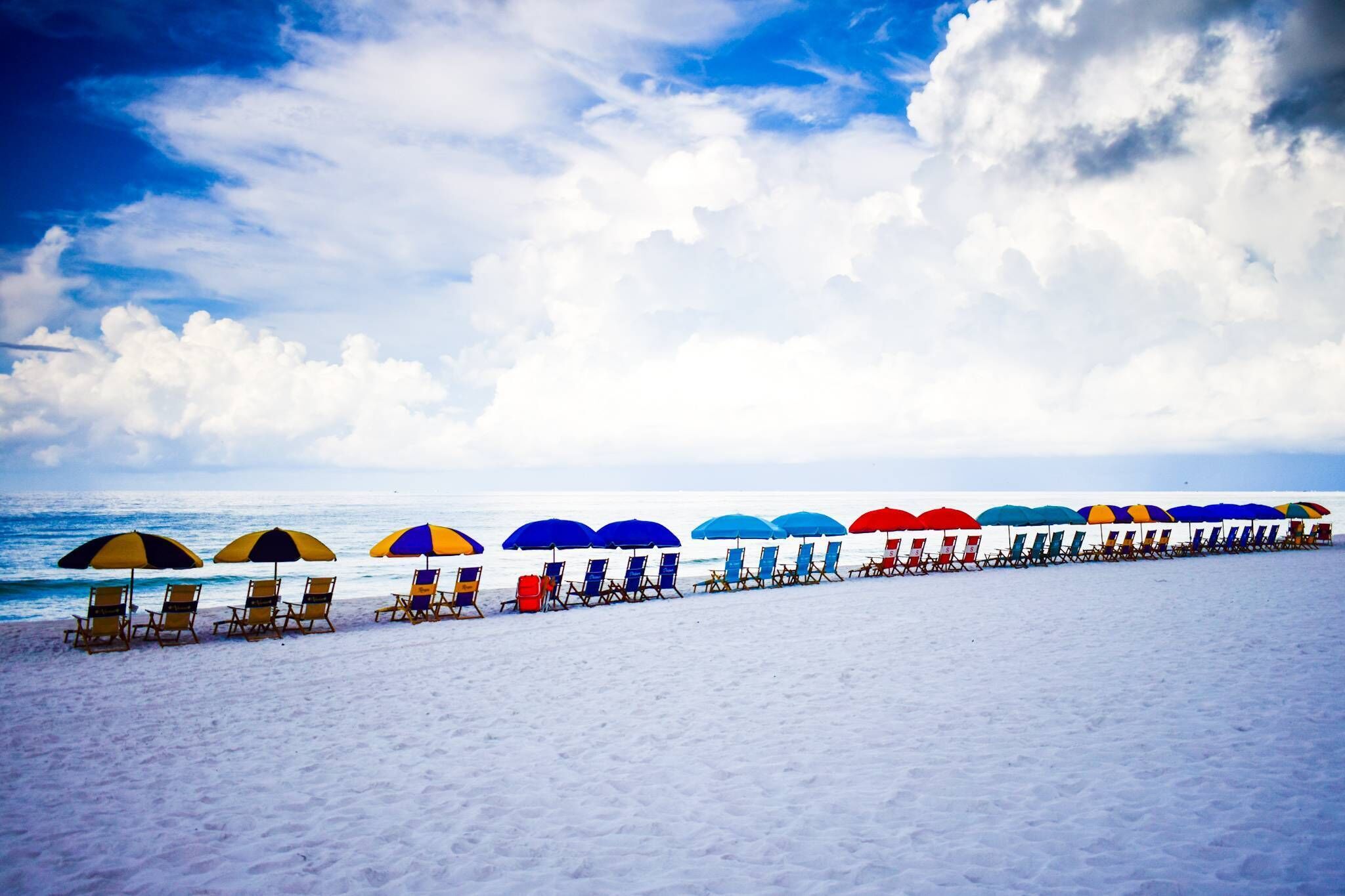 Una playa con filas de sillas y sombrillas.