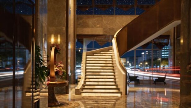 Un hall d’hôtel moderne avec un sol en marbre, un escalier et une vue sur la ville la nuit.