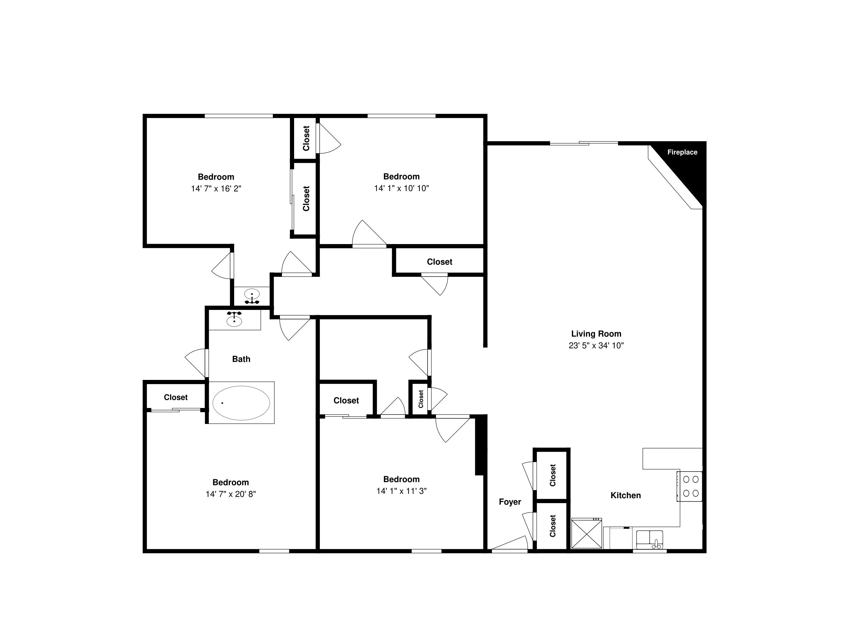 A floor plan of a house with two bedrooms, a living room, a kitchen, a bathroom, and a foyer.