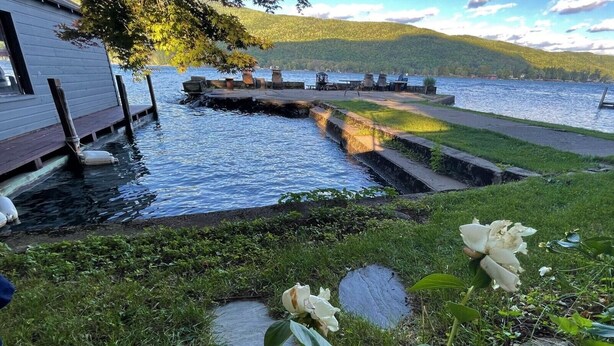 Un muelle que se adentra en un lago, con una zona cubierta de hierba y una flor en primer plano.