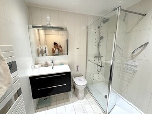 Shower, hair dryer, towels