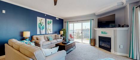 TV, fireplace, books