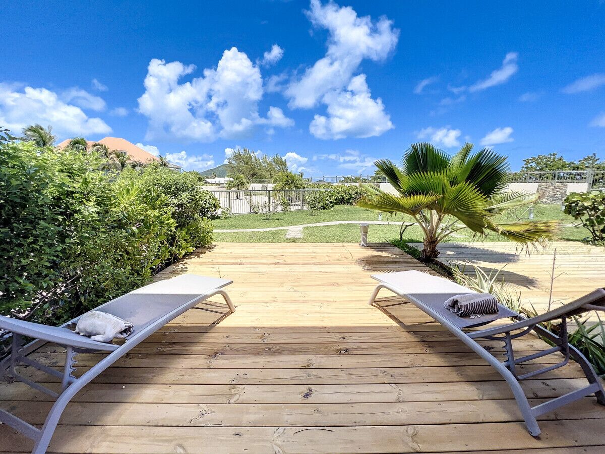 A wooden deck with two lounge chairs and a palm tree.