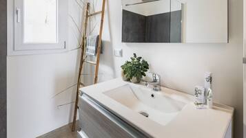 Shower, hair dryer, bidet, towels