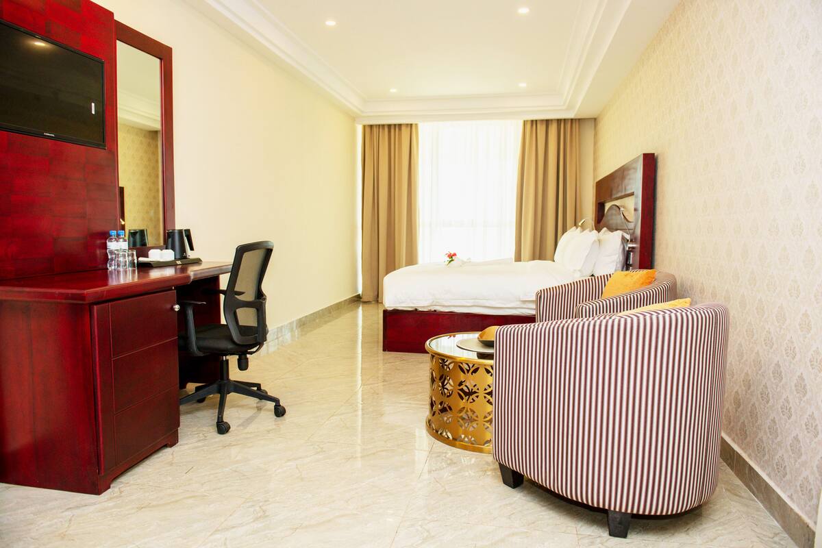 Habitación de hotel con cama, escritorio, silla, televisor y espejo.