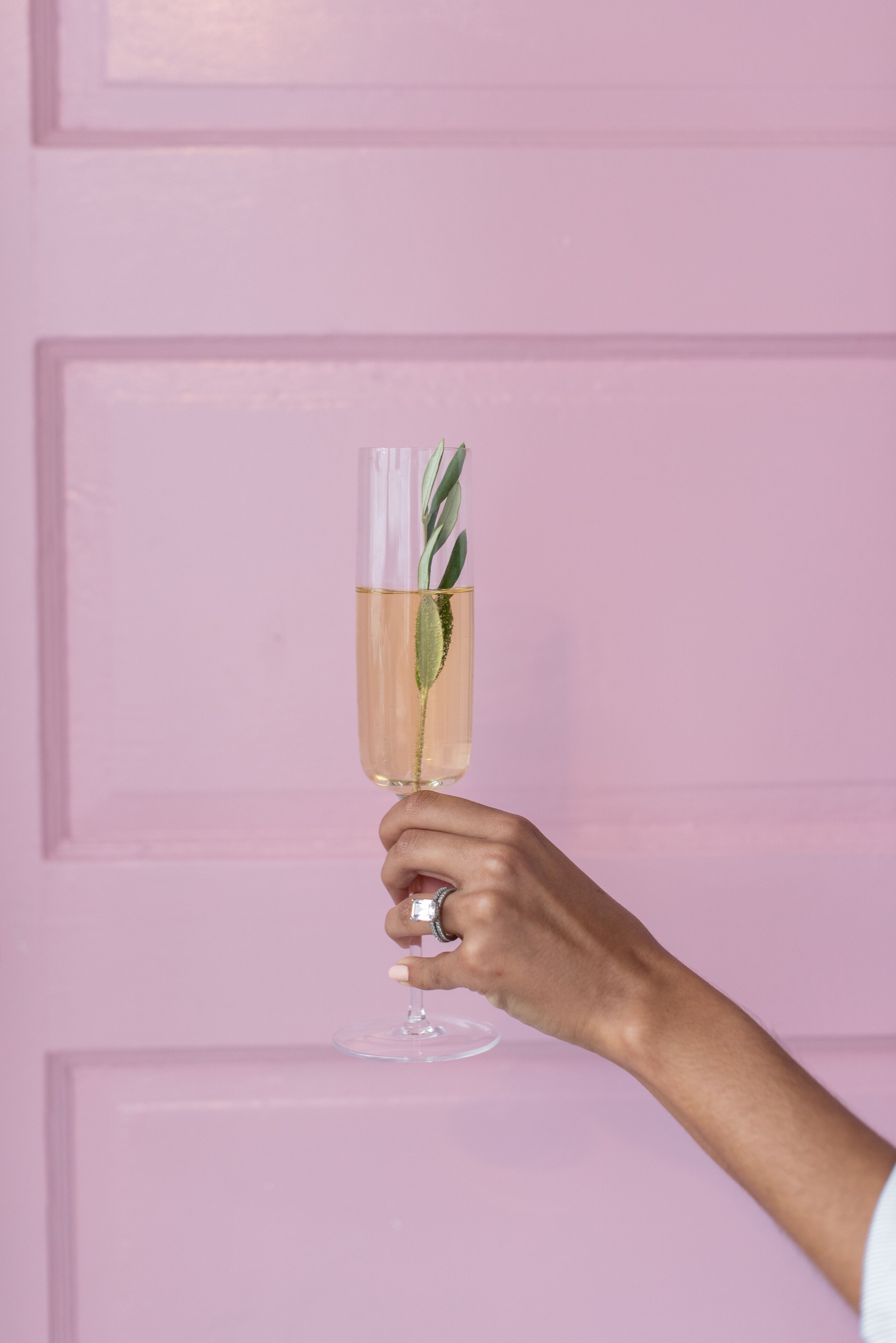 Una mano sosteniendo una copa de champán adornada con una hoja verde frente a una pared rosa.