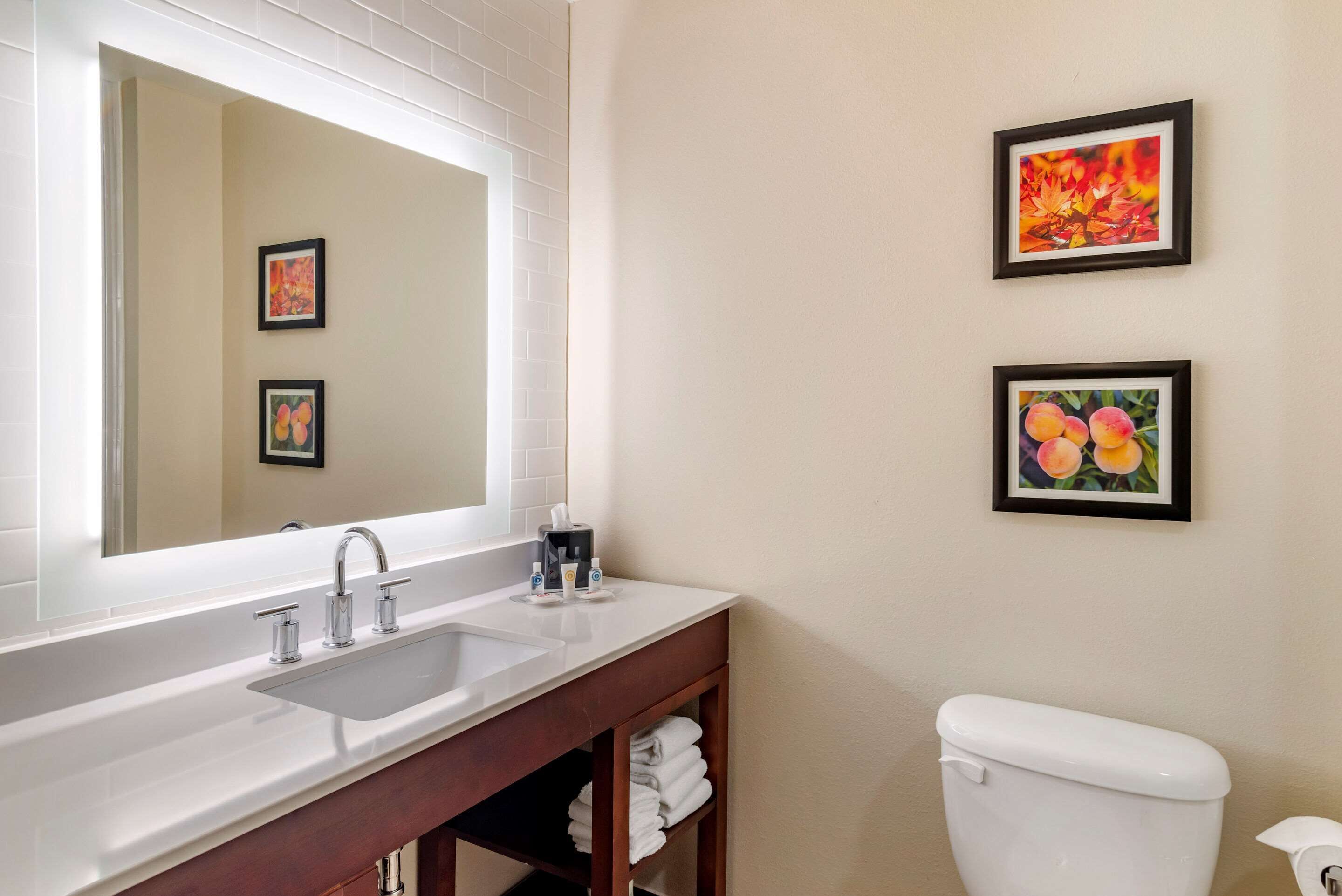 Un bagno con lavandino bianco, specchio e WC. In parete, due quadri incorniciati.