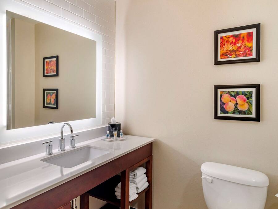 Un bagno con lavandino bianco, specchio e WC. In parete, due quadri incorniciati.
