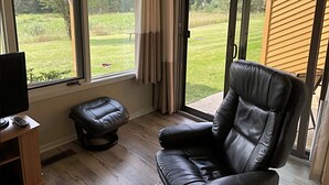 A room with a leather chair, a television on a wooden stand, and a view of a grassy yard through large windows.
