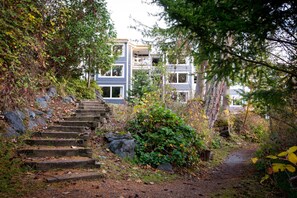A set of stone steps leading up to a multi-story building surrounded by trees and foliage.