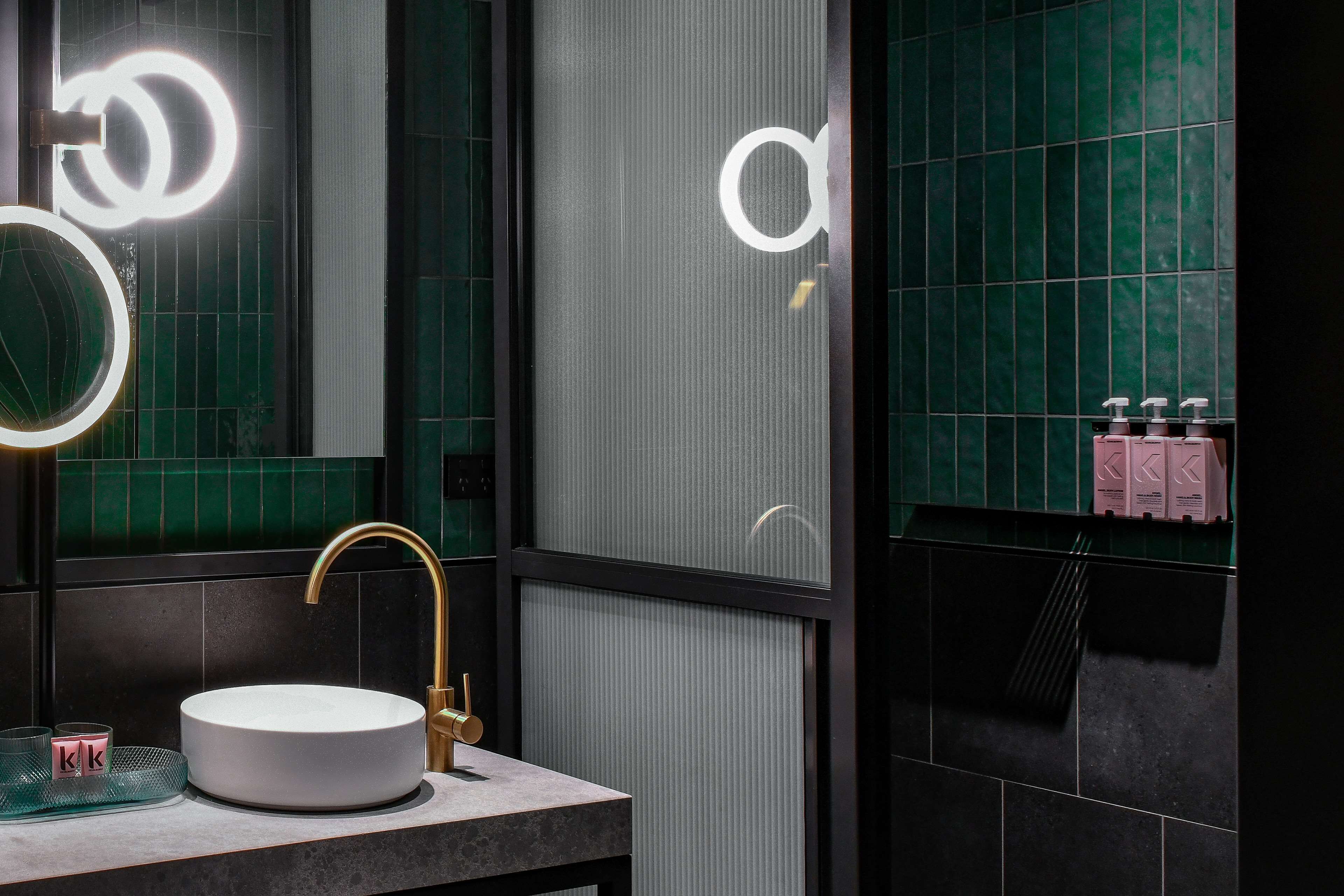 designer toiletries, hair dryer, bathrobes, towels