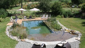 A rectangular swimming pool with a wooden deck, surrounded by a pebble border. There are lounge chairs and umbrellas. - Quercy cottage, charm, comfort, garden with trees, natural swimming pool (Frontenac)