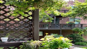 Une pergola en bois, ornée de plantes suspendues et surmontée d’une table, offre une vue sur un quartier résidentiel avec des balcons.