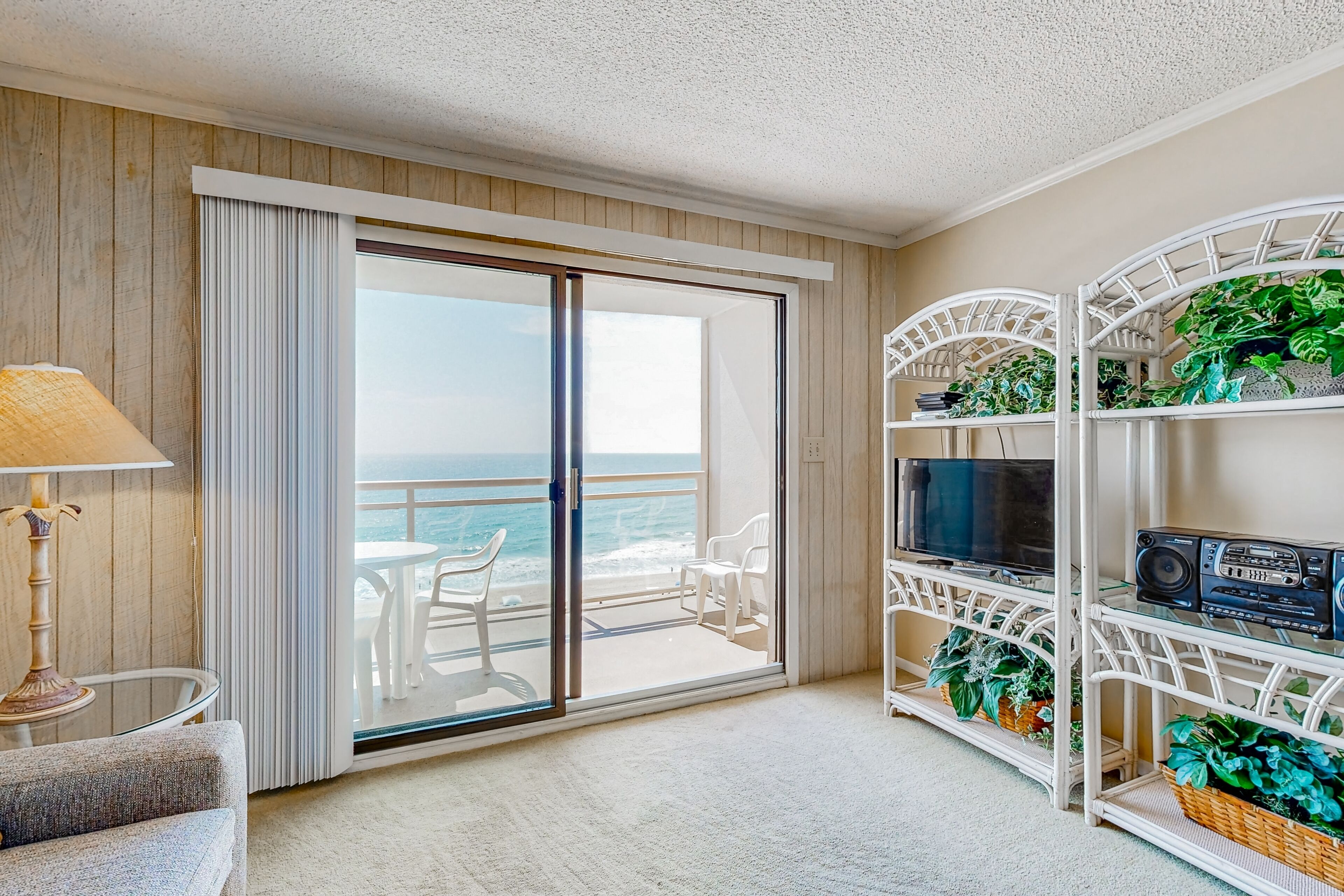 TV, DVD player, video library, stereo