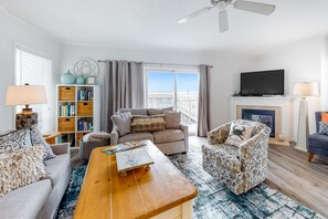 Televisión, chimenea y libros 