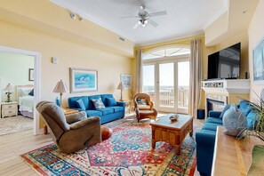 Televisión, chimenea, reproductor de DVD y libros 