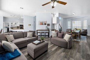 Smart TV, fireplace, table football