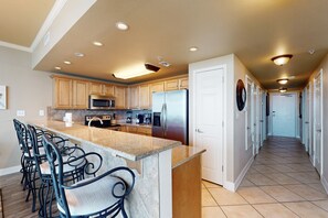 Fridge, microwave, oven, stovetop - Waterfront Gem by Lagoon w/ Pool, Balcony & Gulf Views - Short Walk to Beach (Gulf Shores)