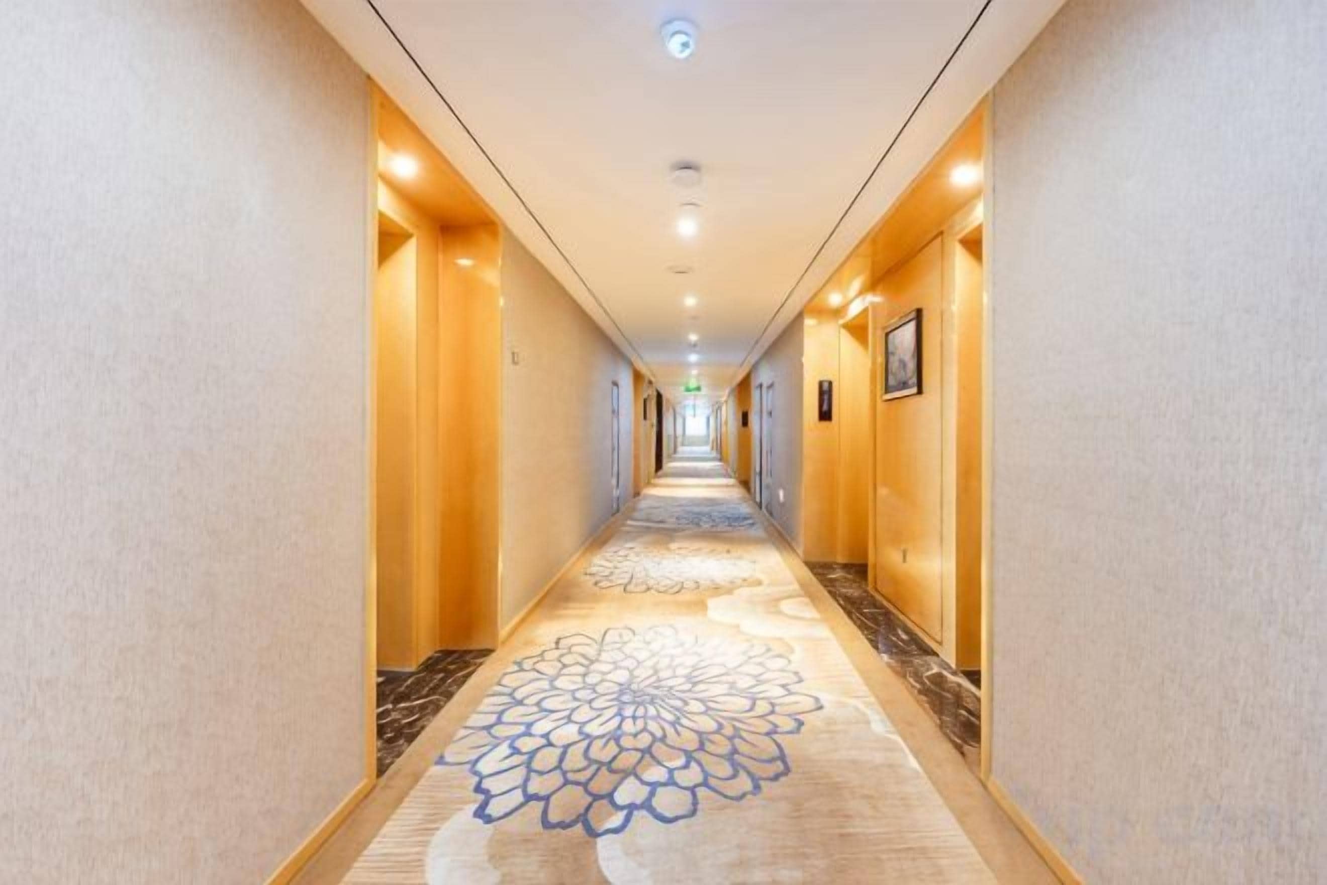 Un pasillo de hotel con pisos alfombrados, puertas a ambos lados y un corredor con diseño de alfombra.