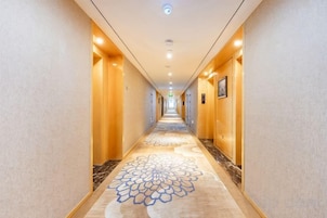 Un pasillo de hotel con pisos alfombrados, puertas a ambos lados y un corredor con diseño de alfombra.