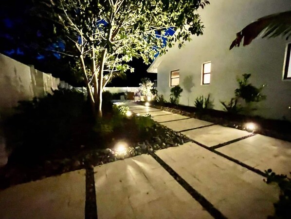 A nighttime view of a house with a paved pathway leading to the entrance, surrounded by greenery and small plants.