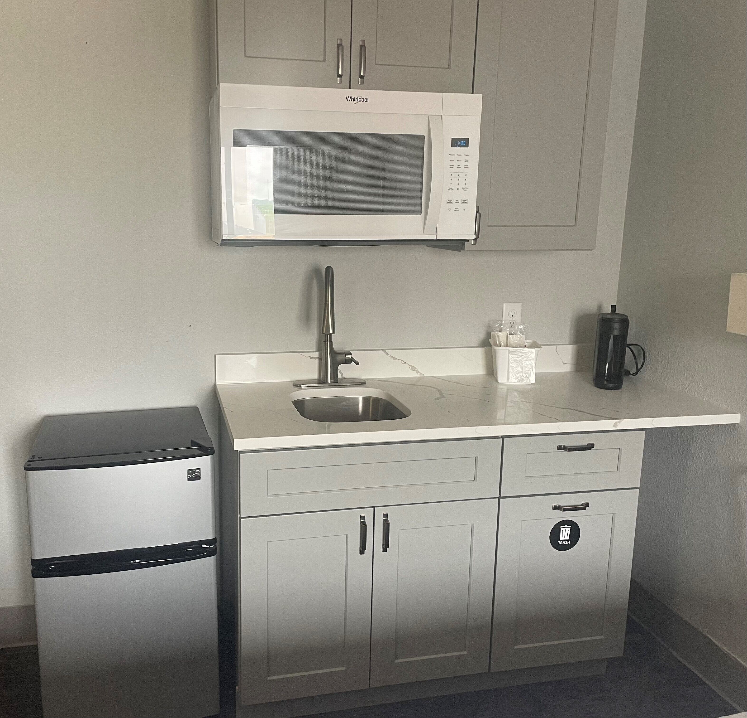 Mini-fridge, microwave