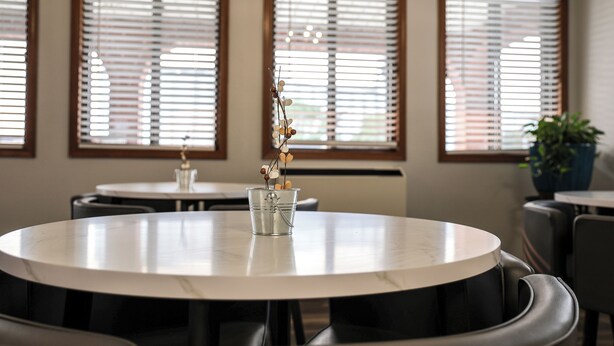 Un comedor con mesas y sillas redondas, ventanas amplias con persianas y una planta en maceta.