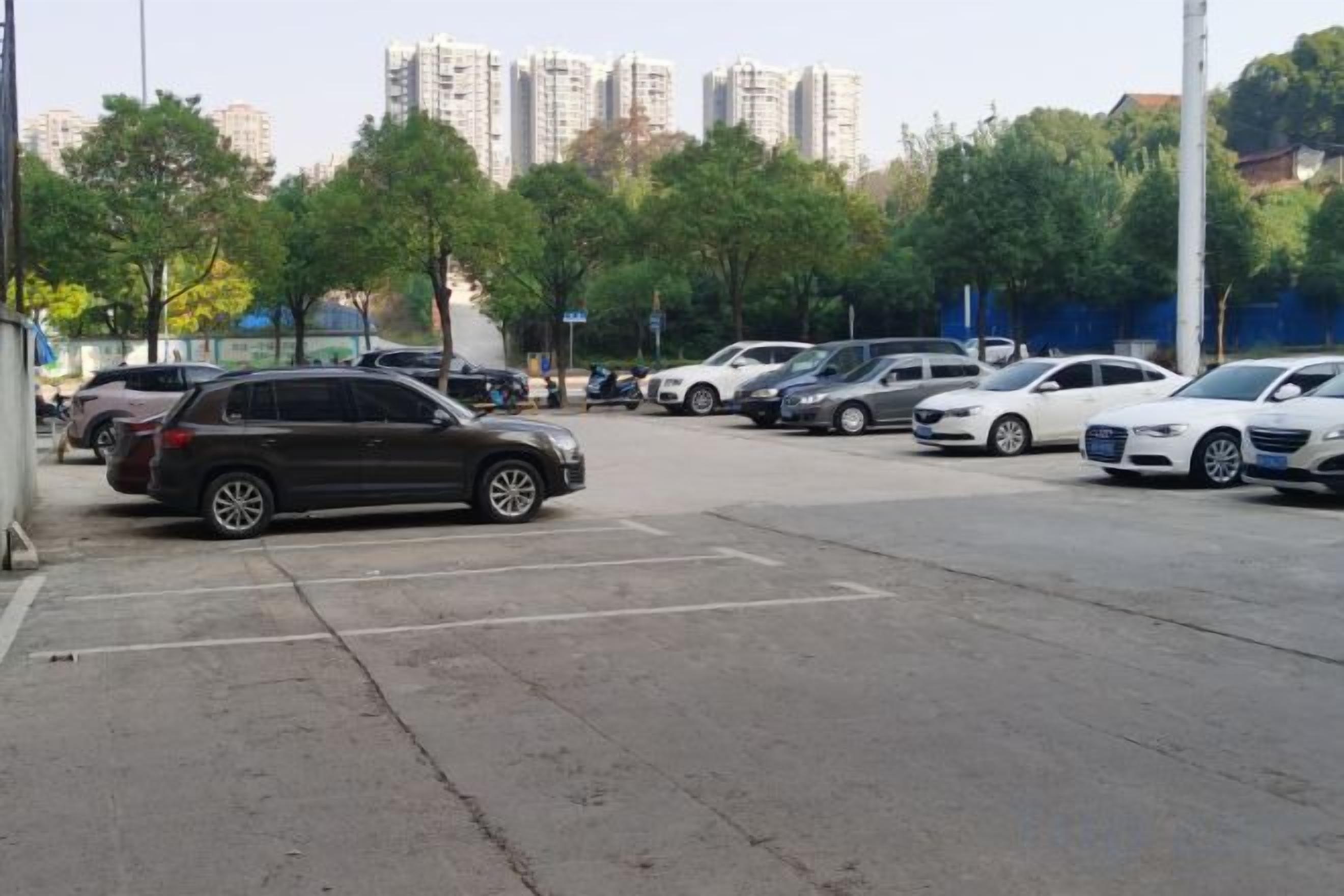 Un estacionamiento con varios autos, árboles y edificios al fondo.