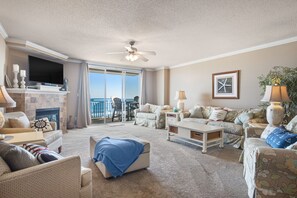 Televisión, chimenea y reproductor de DVD