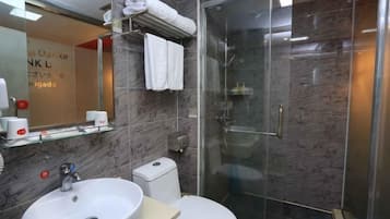 A modern bathroom with a glass-enclosed shower, a white sink, and a toilet.
