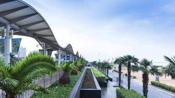 A covered walkway with a curved roof, lined with palm trees and greenery, leading to a road.