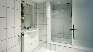 Shower, hair dryer, towels