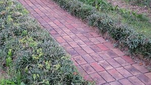 Ein Ziegelweg führt zu einer Holztür mit einem Ziegelbogen.