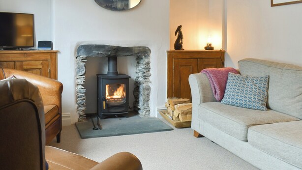 A cozy living room with a stone fireplace, a sofa, a television, and a deer head decoration.