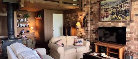 Una Smart TV, un reproductor de DVD, libros, un reproductor estéreo