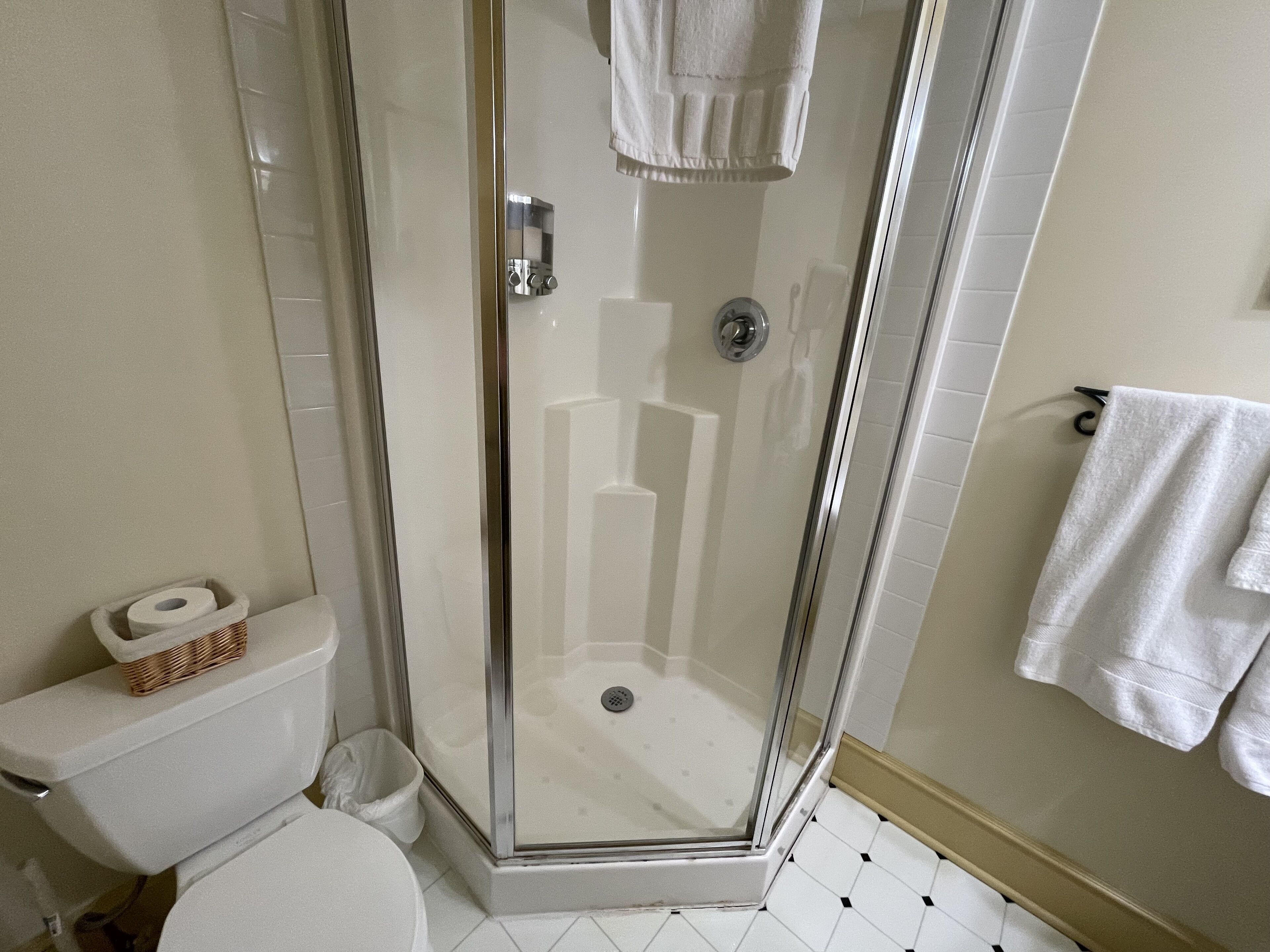 Un baño con ducha de vidrio, inodoro y lavamanos.