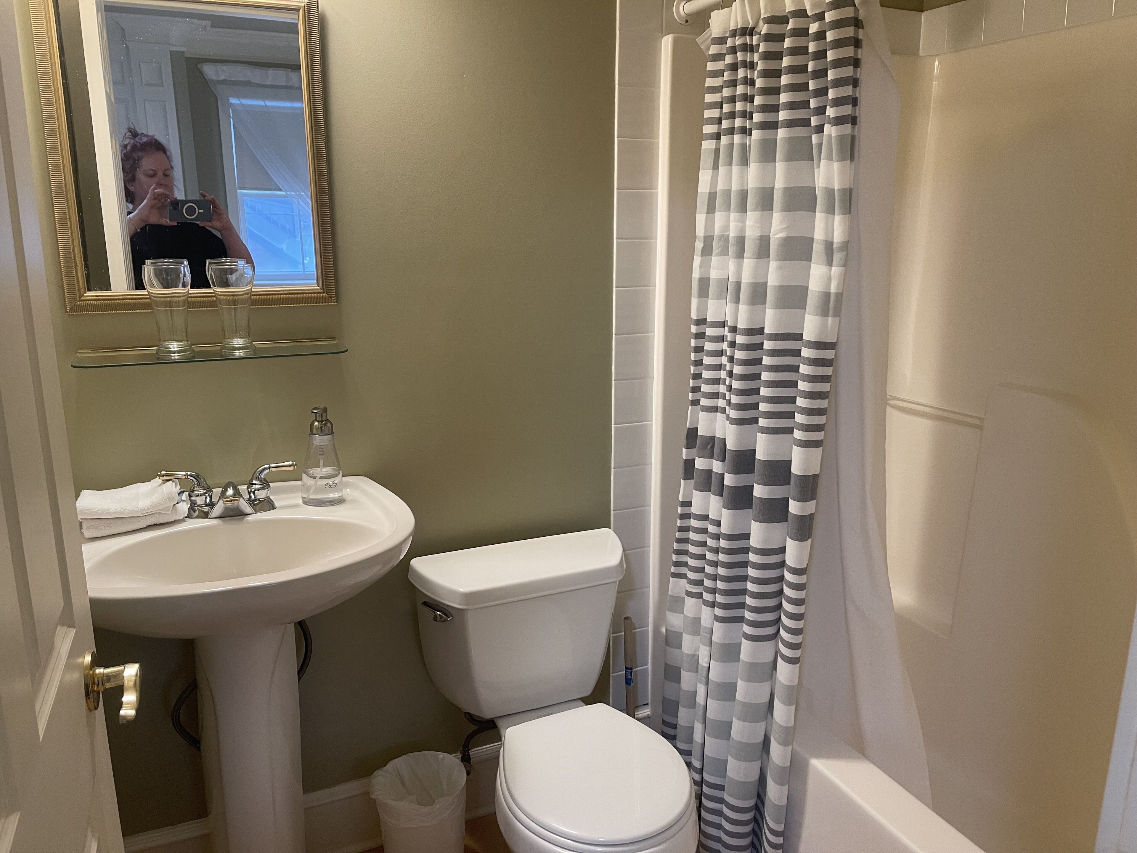 A bathroom with a sink, toilet, and shower curtain.